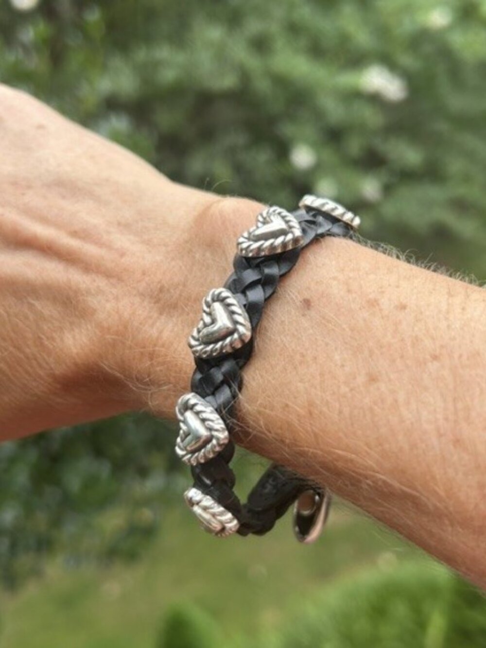 BRIGHTON “Bandit” BLACK Braided Leather Silver Heart BRACELET